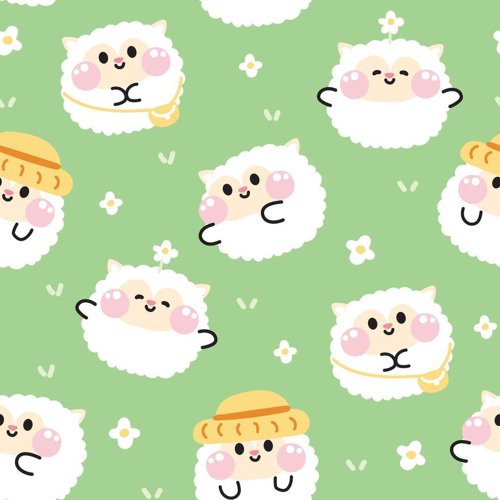 Seamless pattern of cute sheep stay on grass background.Farm animal character cartoon design.Image for card,sticker,baby clothing.Nature.Flower.Kawaii.Illustration. vector