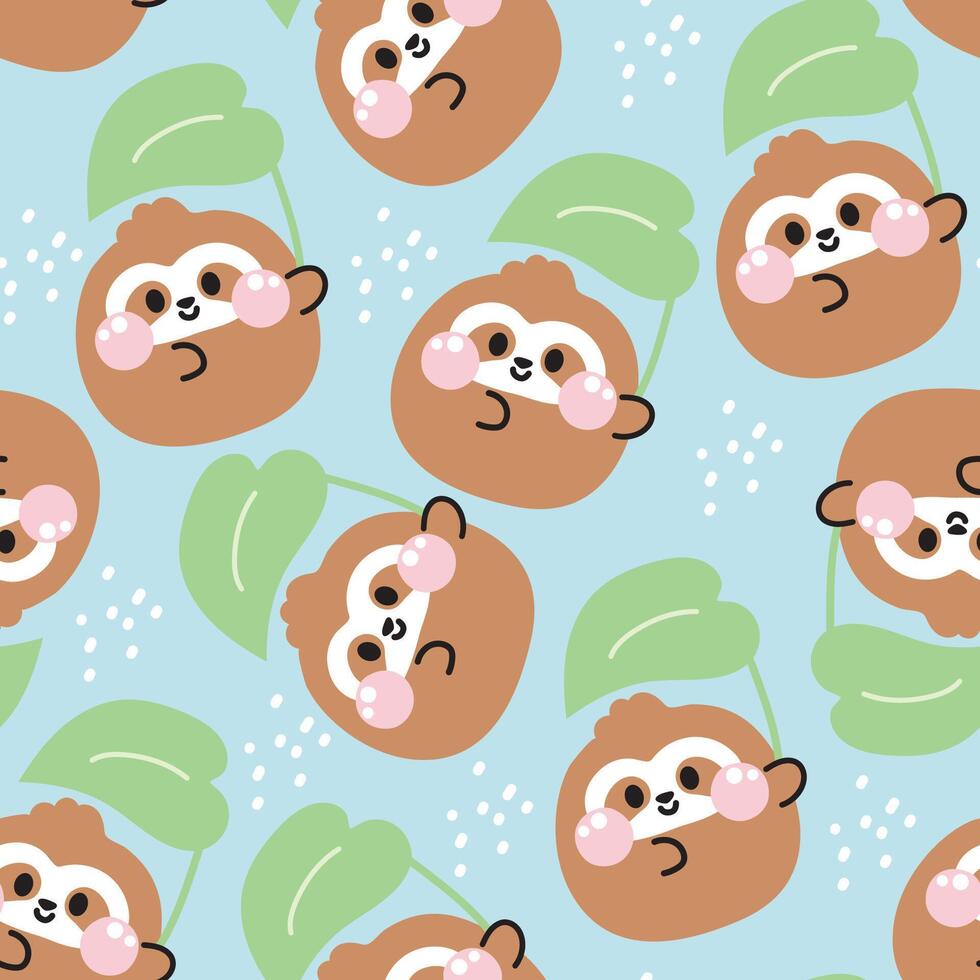 Seamless pattern of cute sloth round shape pastel hold big leaf on rain background.Rainy season.Wild animal character cartoon design.Image for card,poster,baby clothing.Kawaii.Illustration vector