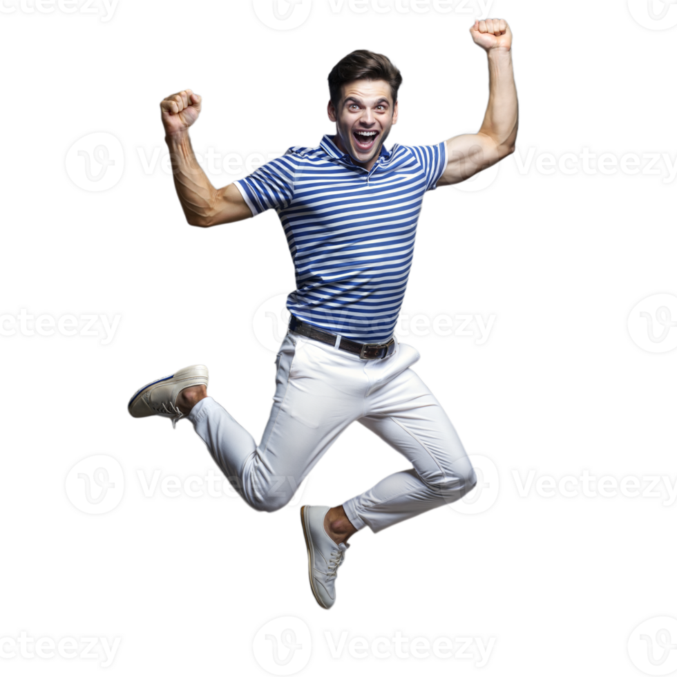 Excited man jumping in air with joy on transparent background png