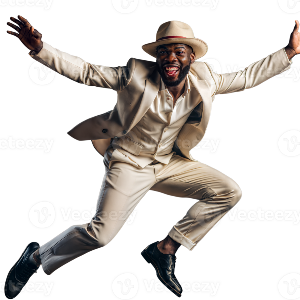 Happy man in stylish suit jumping with joy on transparent background png