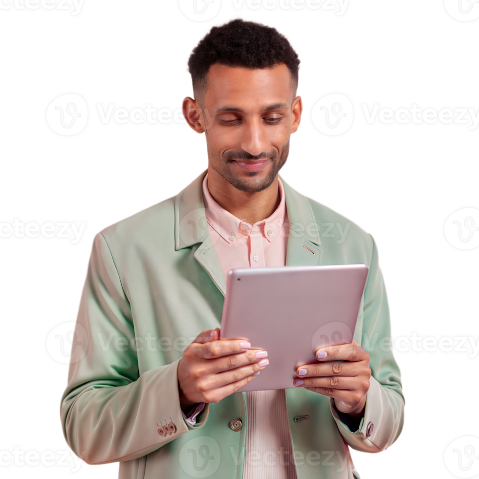 Young professional using a tablet on transparent background png