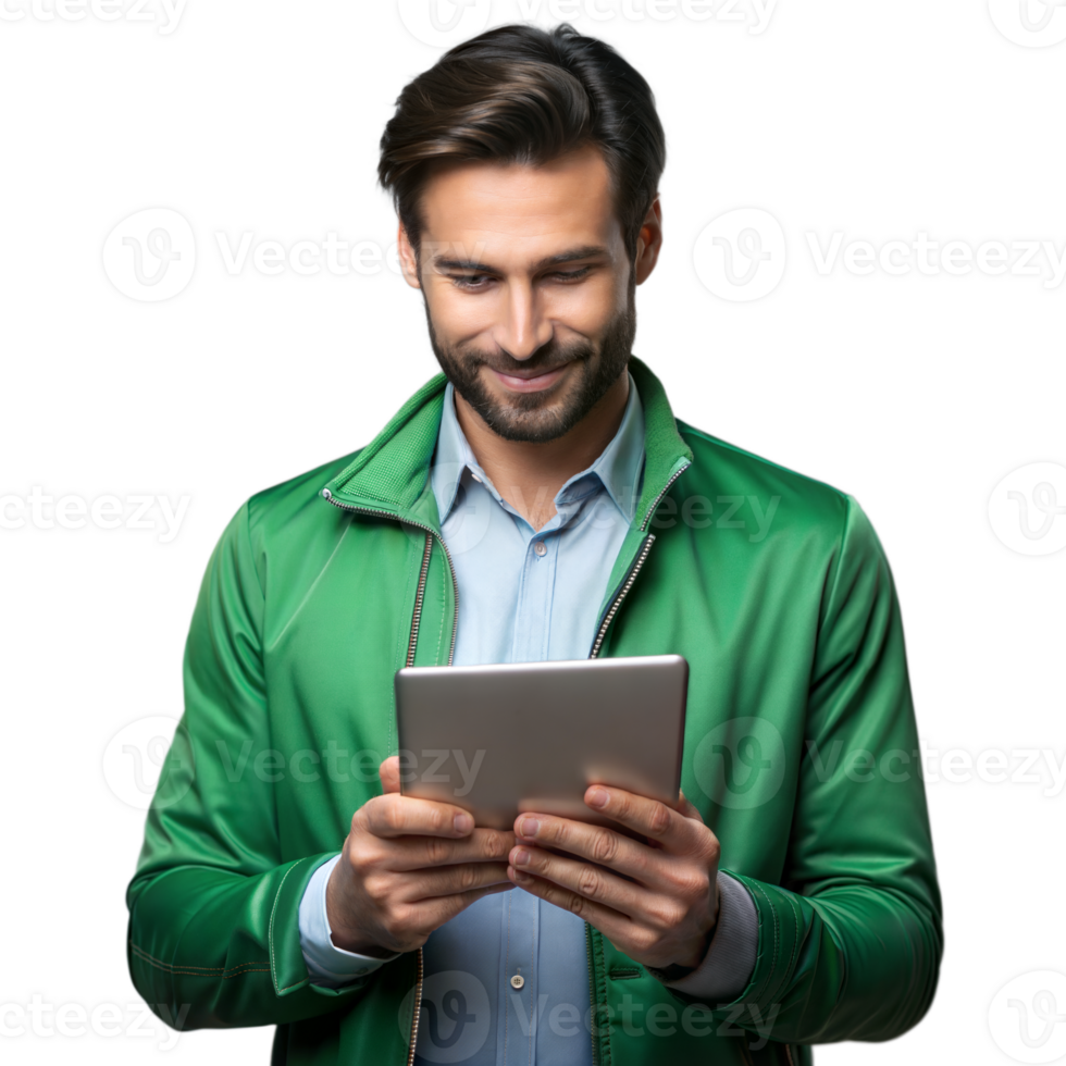 Smiling man in green jacket using tablet on transparent background png