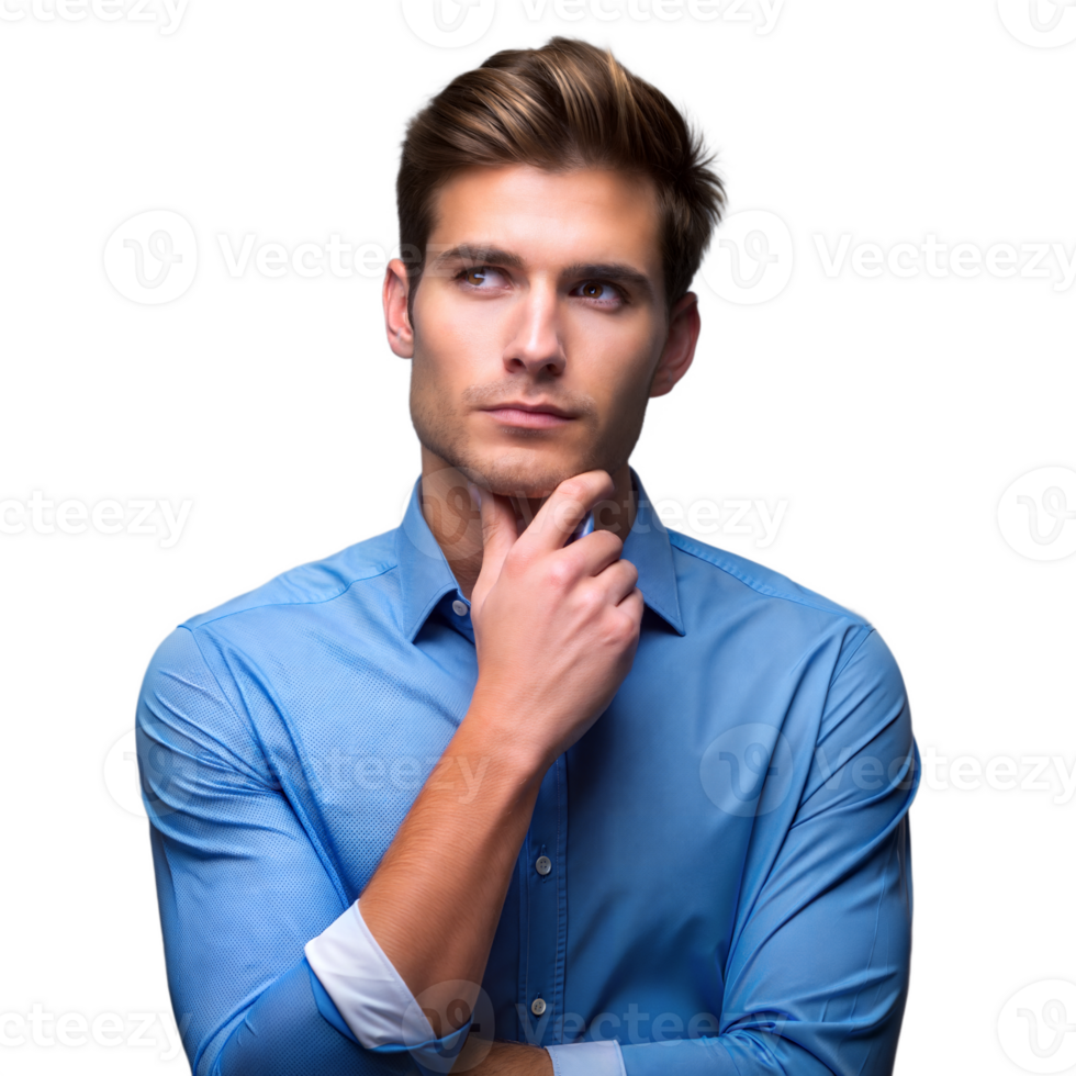 Thoughtful young man in blue shirt on transparent background png