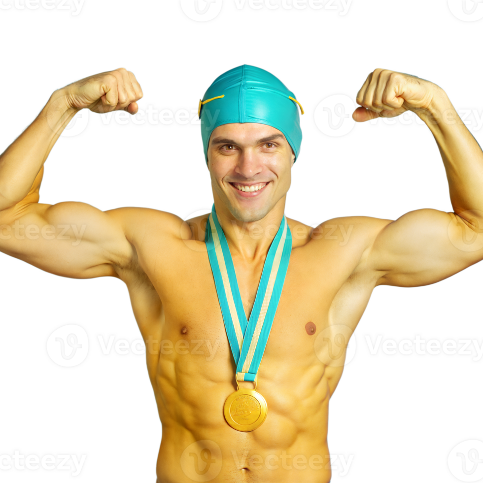 Muscular swimmer showing gold medal and flexing biceps on transparent background png