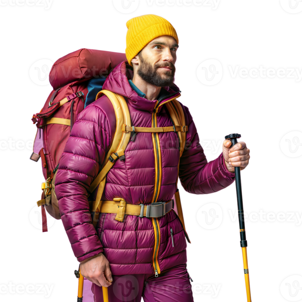 Confident male hiker dressed in vibrant winter gear with backpack png
