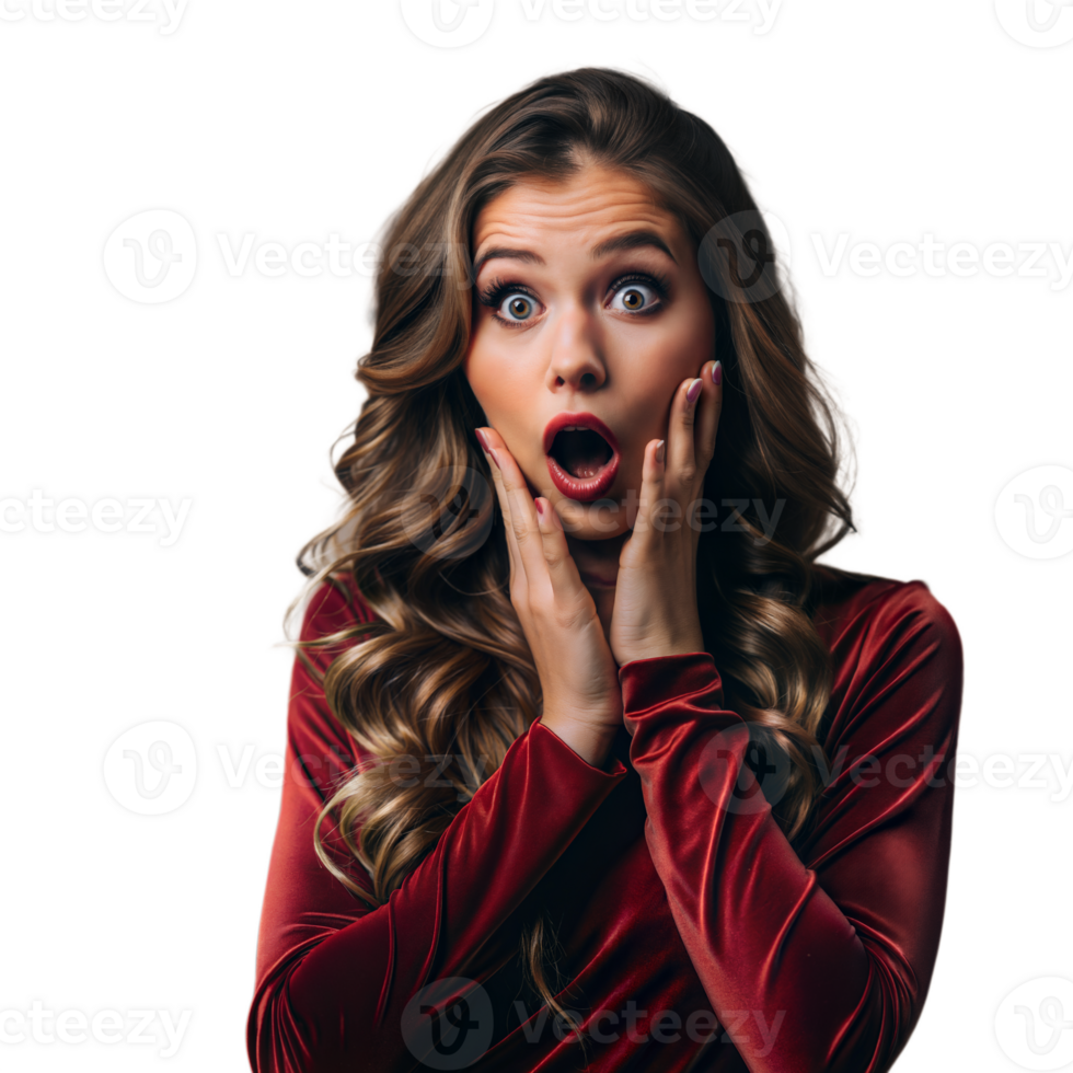 Surprised young woman in red dress on transparent background png