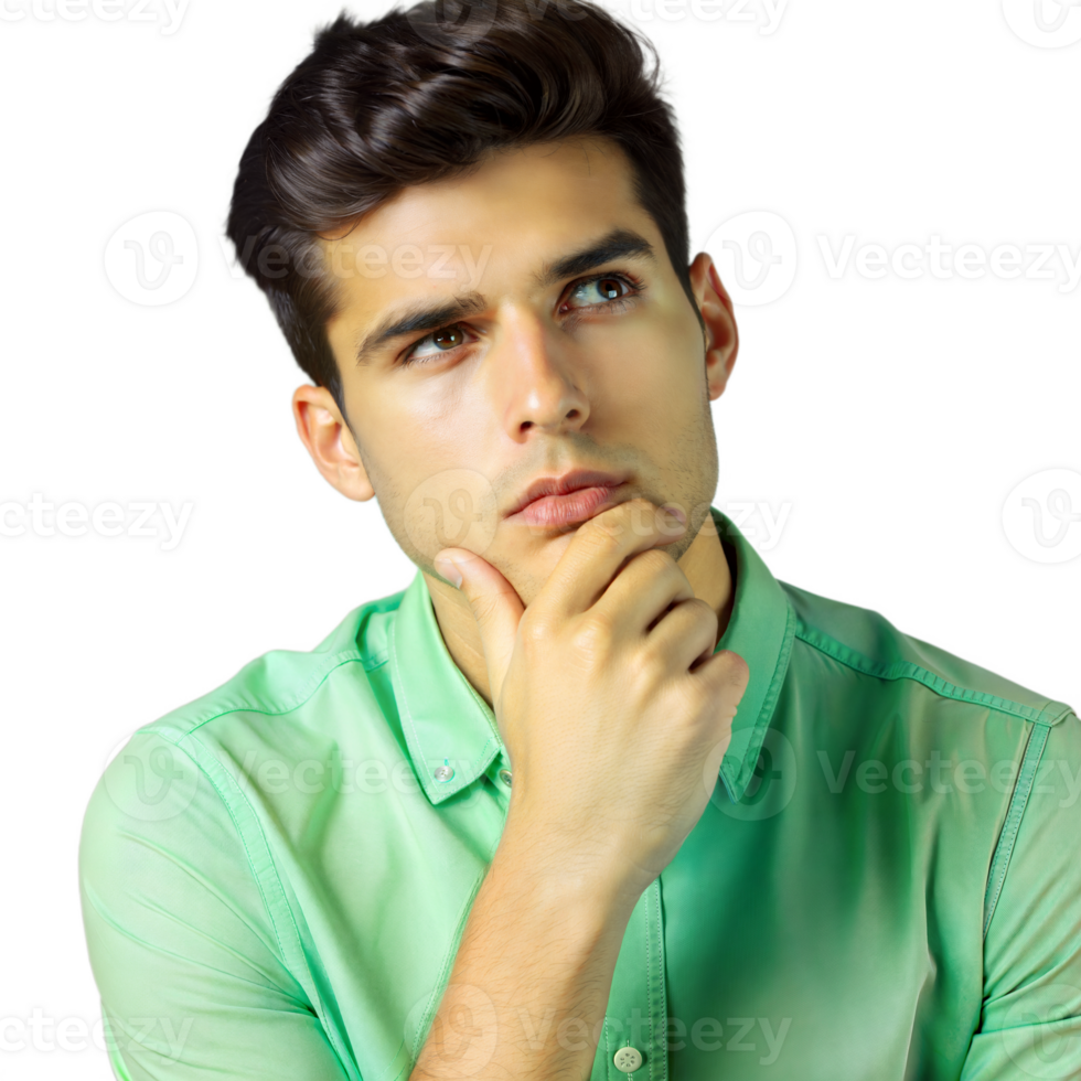 Thinking man in green shirt on transparent background, contemplating ideas png