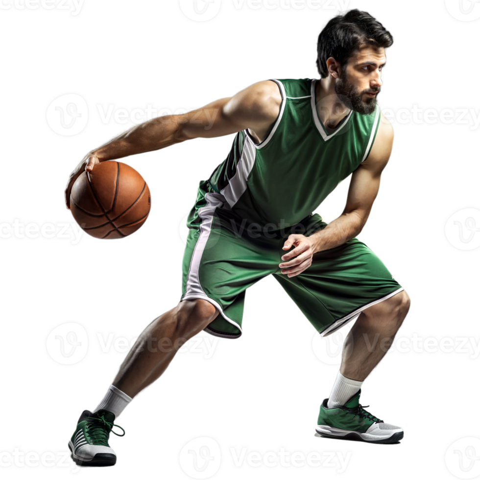 Basketball player dribbling ball in green uniform on transparent background png