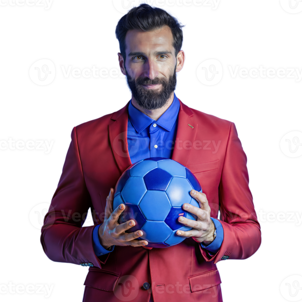 Businessman holding a soccer ball on transparent background png