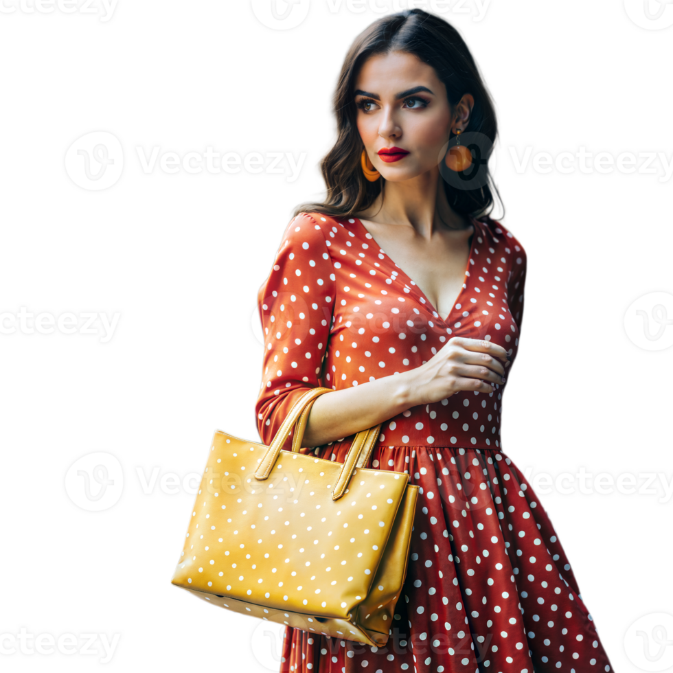 Elegant woman in polka dot dress holding a yellow handbag png