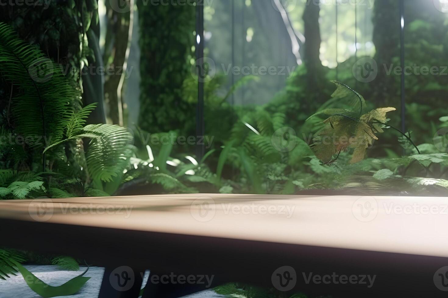 Jungle table background. Interior table for a cosmetic item against the backdrop of tropical plants, palms and jungle. Neural network photo