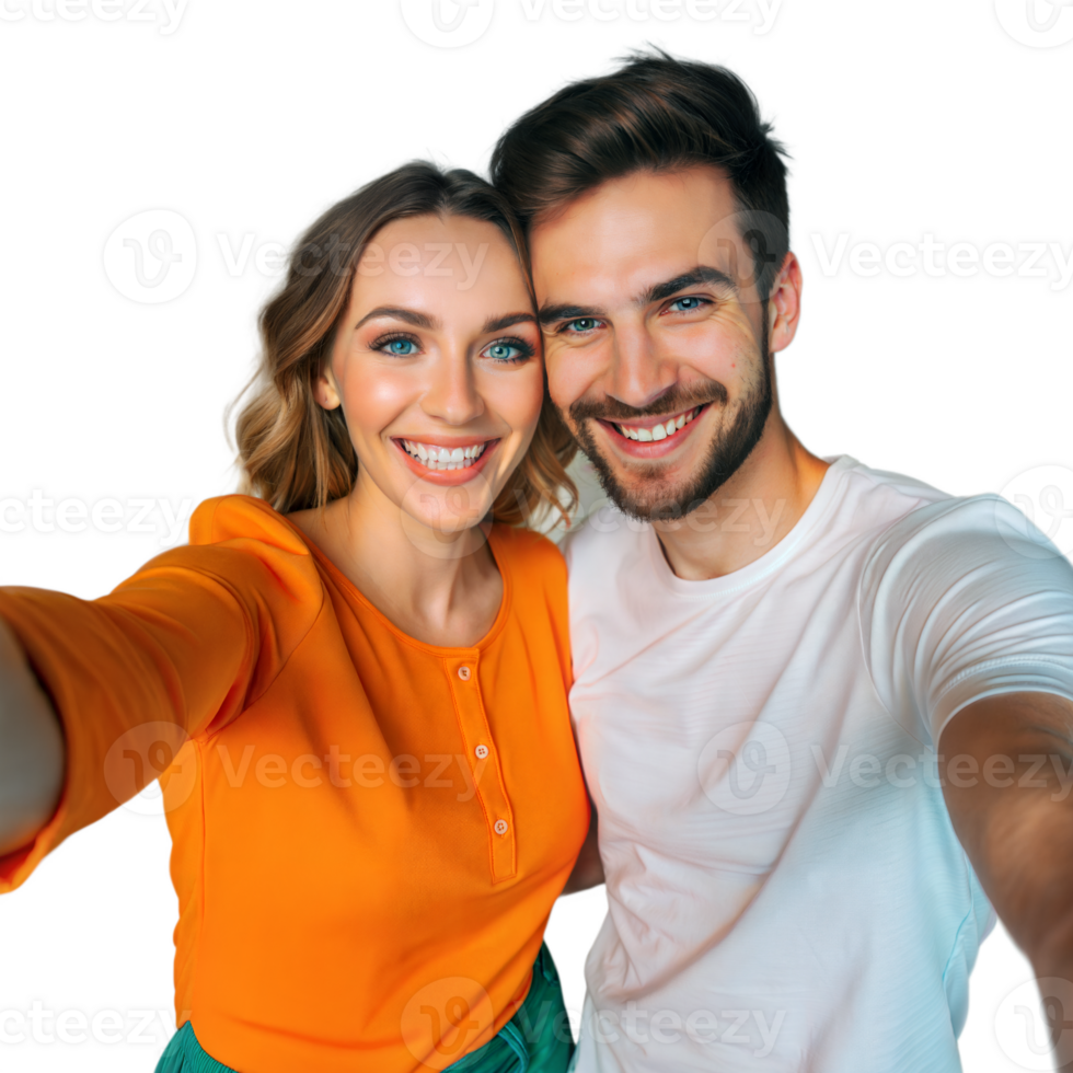 Happy couple taking selfie on transparent background png