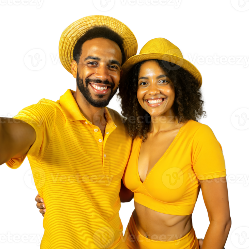 Smiling couple taking a selfie in matching yellow outfits png