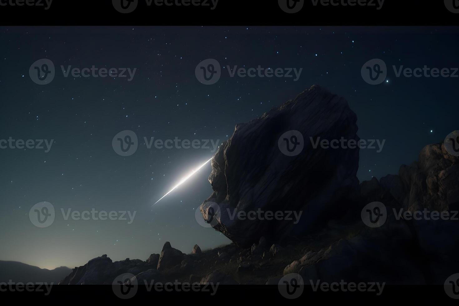 A comet, an asteroid, a meteorite falls to the ground against a starry sky. Neural network photo