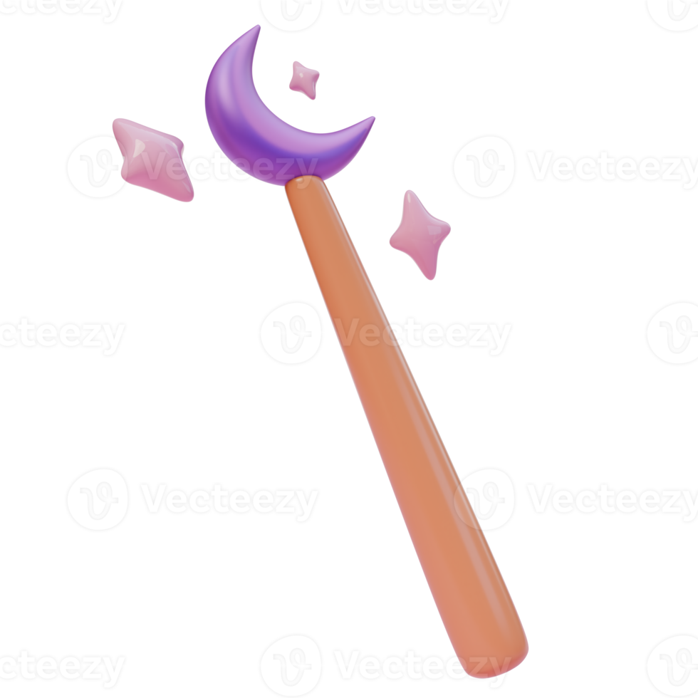 3d render illustration of magic wand stick with purple moon and stars. 3d illustration design for web site mobile app or brand png