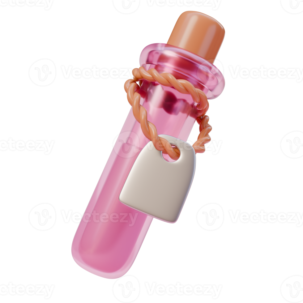 3d render illustration of pink potion in glass flask with rope and label. 3d illustration design for web site mobile app or brand png