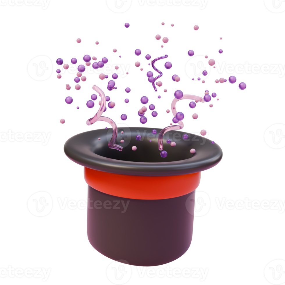 3d render illustration of black magician hat with a red ribbon and glowing particles. Magic element. 3d illustration design for web site mobile app or brand png