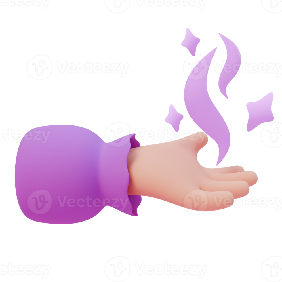3d render illustration of human hand cast a spell. Magic element. Glowing smoke and stars. 3d illustration design for web site mobile app or brand png