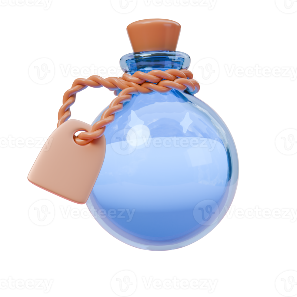 3d render illustration of blue potion in round glass bottle with rope and label. 3d illustration design for web site mobile app or brand png