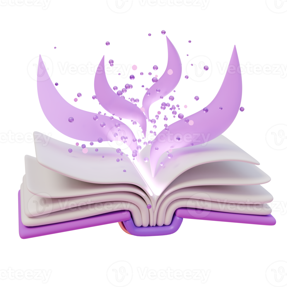 3d render illustration of open purple magic book of spells with flying particles and glowing smoke. 3d illustration design for web site mobile app or brand png