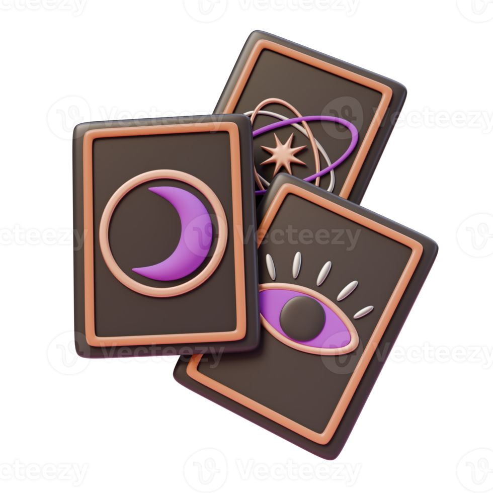 3d render illustration of black Tarot Cards with moon, stars, magic circle and eye with golden frame. 3d illustration design for web site mobile app or brand png