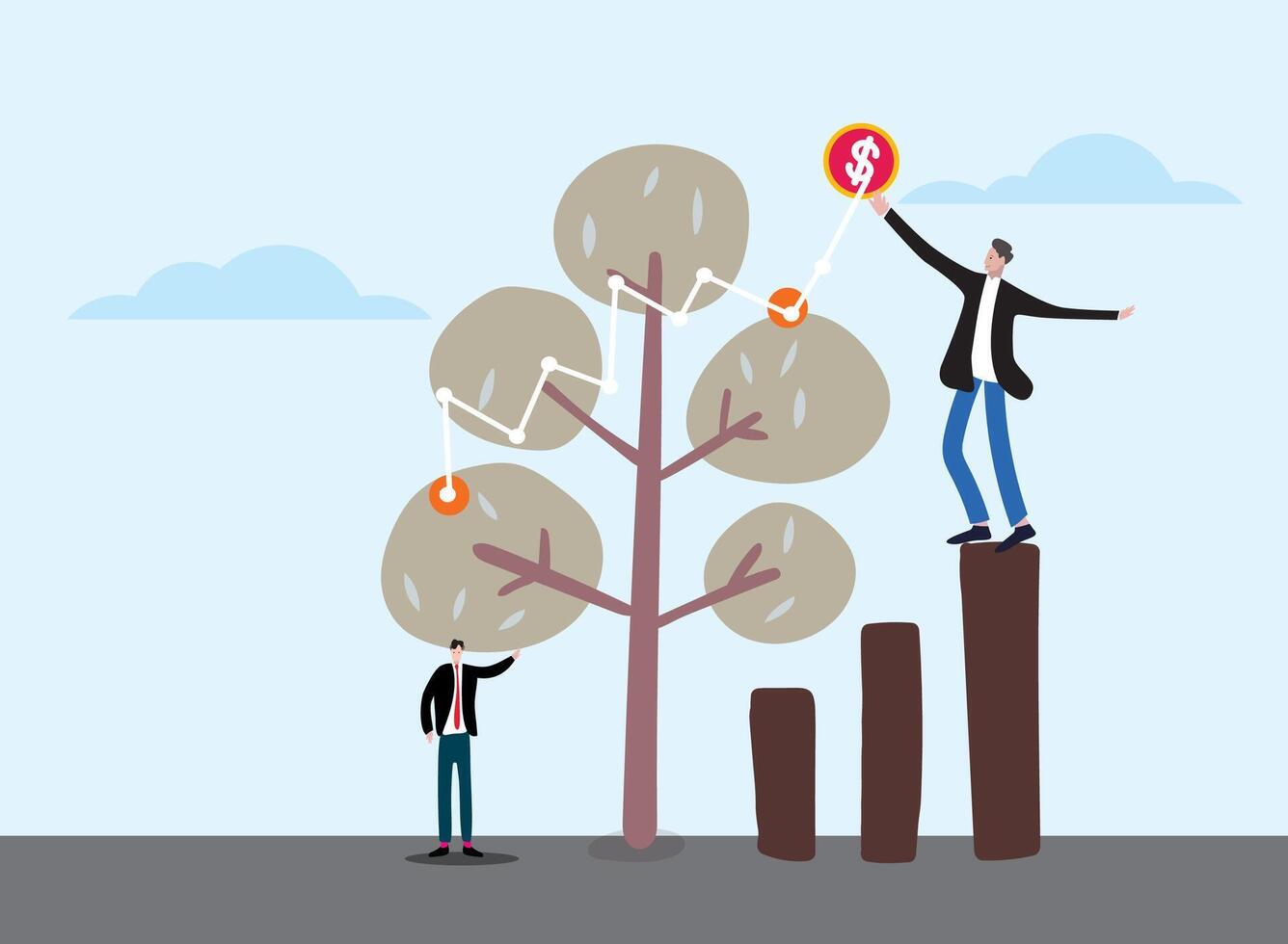 business people working on stairs toward success, with a graph and cityscape in the background vector