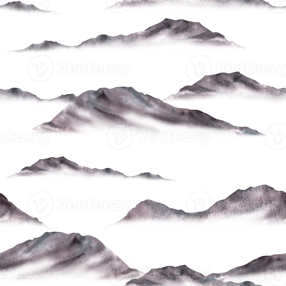 Mountains silhouettes, ranges, peaks, hills, hilly terrain. Landscape monochrome seamless pattern. Hand drawn watercolor illustration. Nature eco concept for fabric, wallpaper on Isolated background png