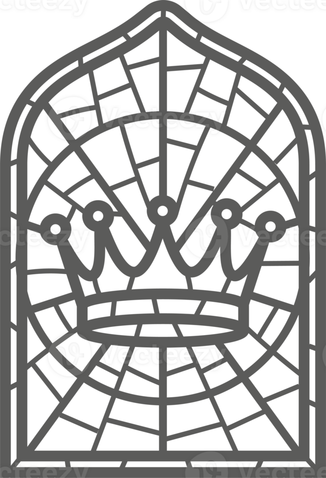 Church glass window. Gothic arch frame with medieval symbol. Vintage architecture element. Stained mosaic decoration with crown png