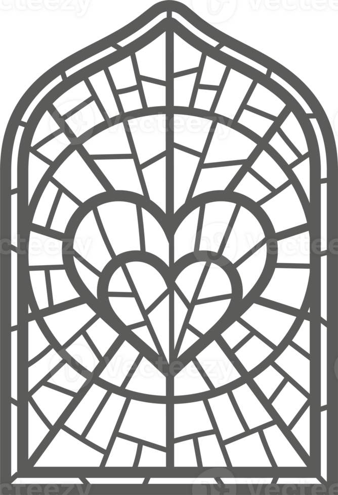 Church glass window. Gothic arch frame with medieval symbol. Vintage architecture element. Stained mosaic decoration with heart png