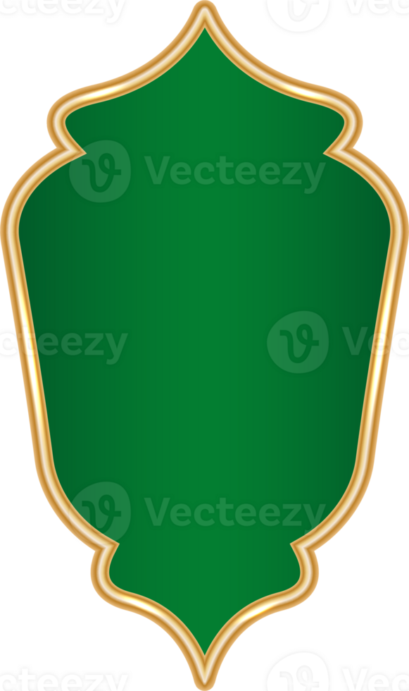 Ramadan golden shape. Islamic and Indian arch Arabic design element with green background. Luxury badge for Muslim banner and Turkish oriental window. png