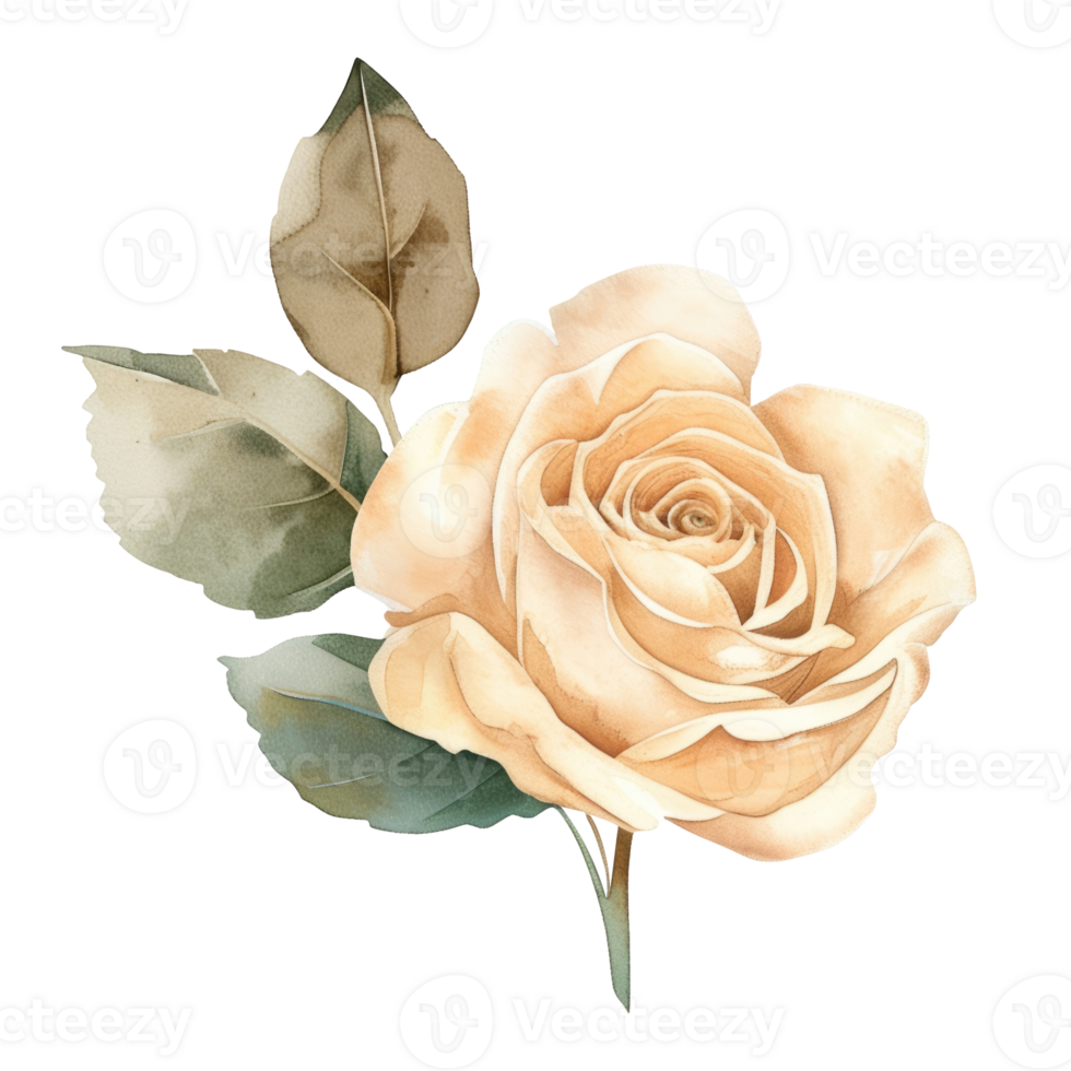 Elegant Pastel Watercolor Rose Bloom with Leaves. Floral Botanical