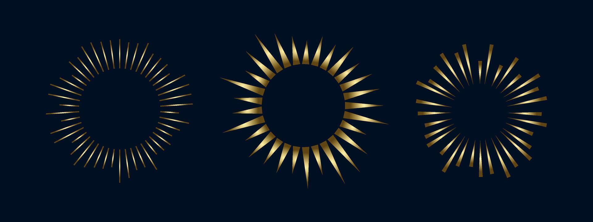 3 gold frames on a black background. Retro gold Sun burst shapes. vector
