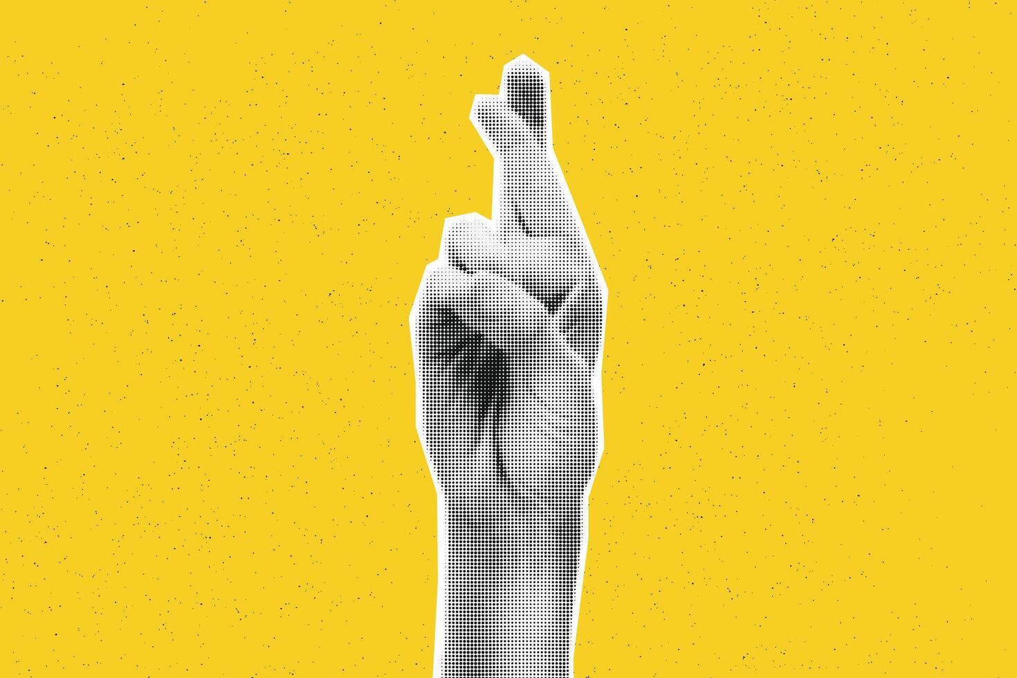Collage element of crossed fingers hand. Halftone hand showing good luck sign, make wish. Cut out of magazine shape against yellow background with copy space. Grunge modern retro illustration vector