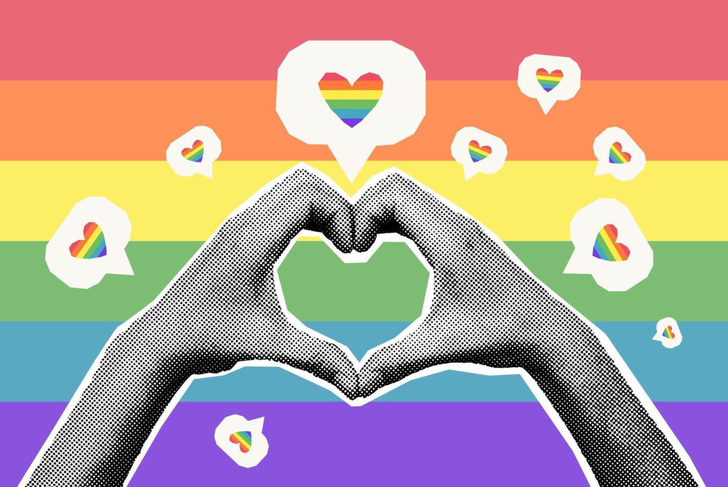 Social media like icons with halftone hands making heart shape collage banner on rainbow LGBT background. Free love concept, pride parade, LGBT community. illustration vector