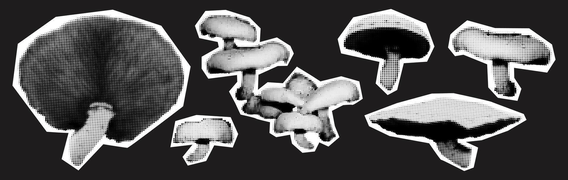 Trendy collage elements set halftone forest mushrooms illustration isolated on dark background. Cut out of magazine shapes for grunge punk mixed media design vector