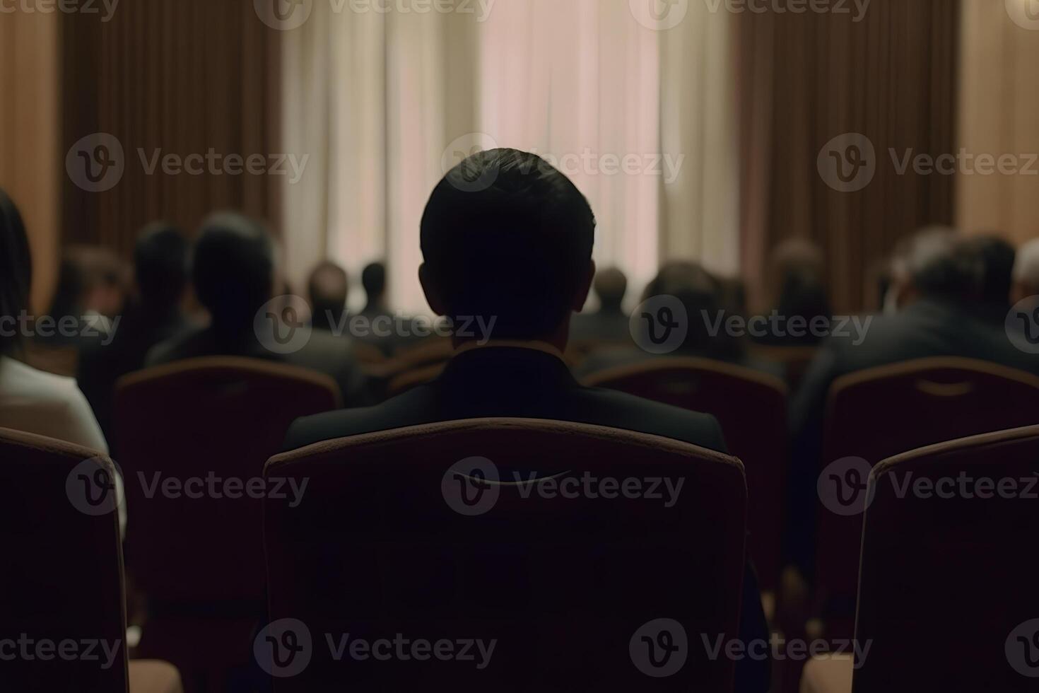 Speaker Giving a Talk at Business Meeting. Audience in the conference hall. Neural network photo
