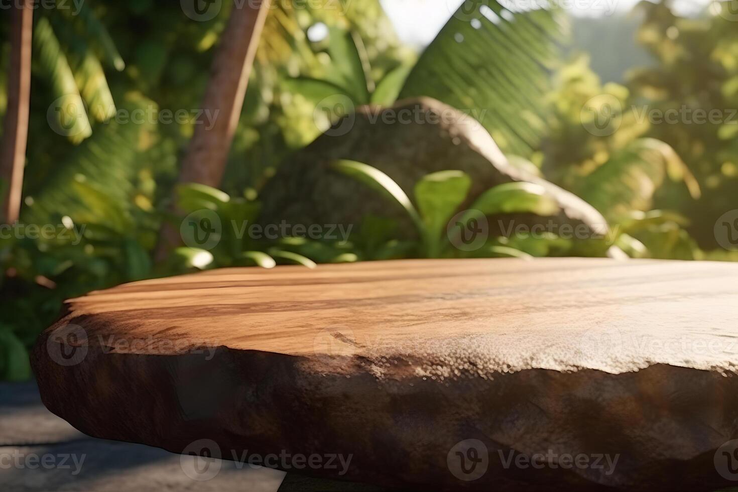 Jungle table background. Interior table for a cosmetic item against the backdrop of tropical plants, palms and jungle. Neural network photo
