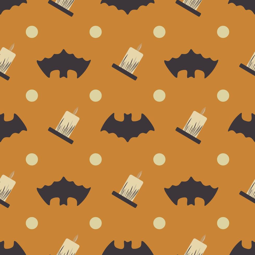 A pattern of bats and candle with a black and orange background vector