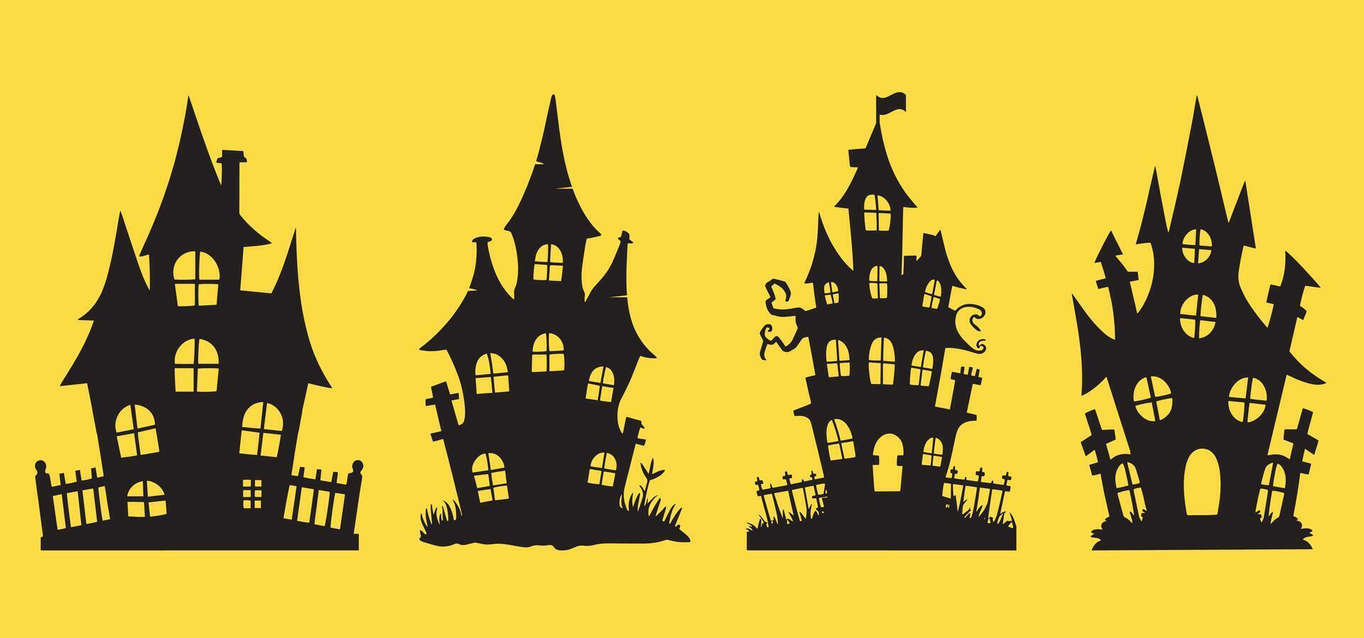Set of Halloween Castle, Spooky Haunted Houses Silhouettes on Yellow Background vector