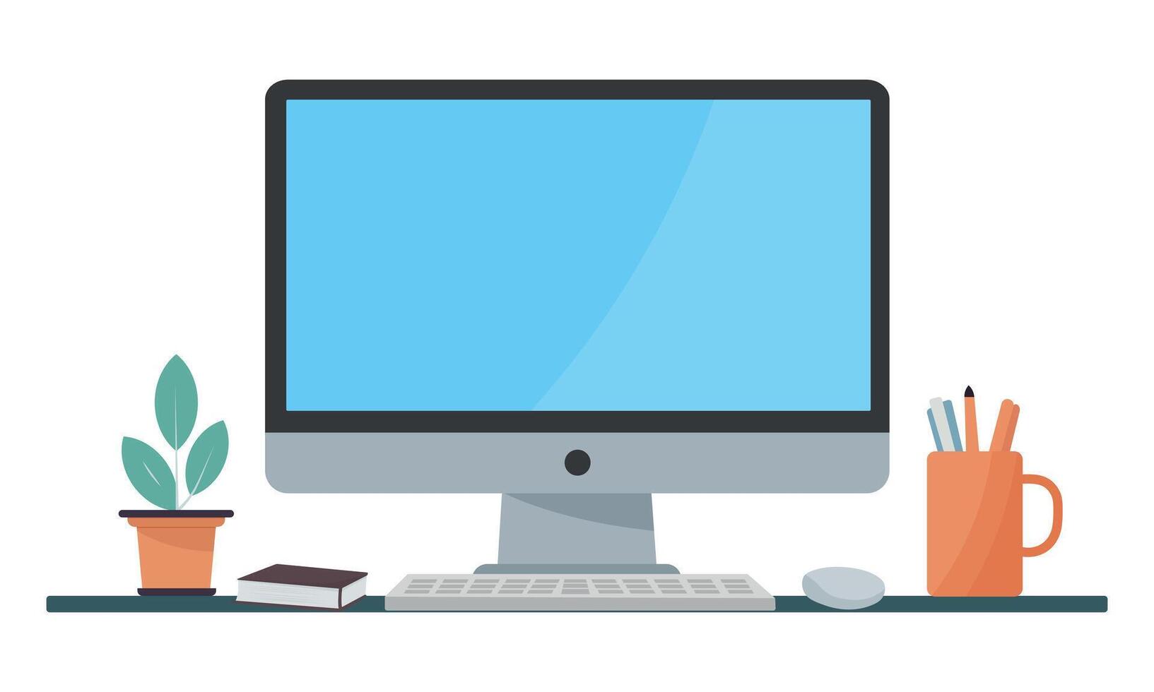 Computer Monitor blank display screen with flower pot and pencil box. Desktop, pc, laptop flat illustration vector