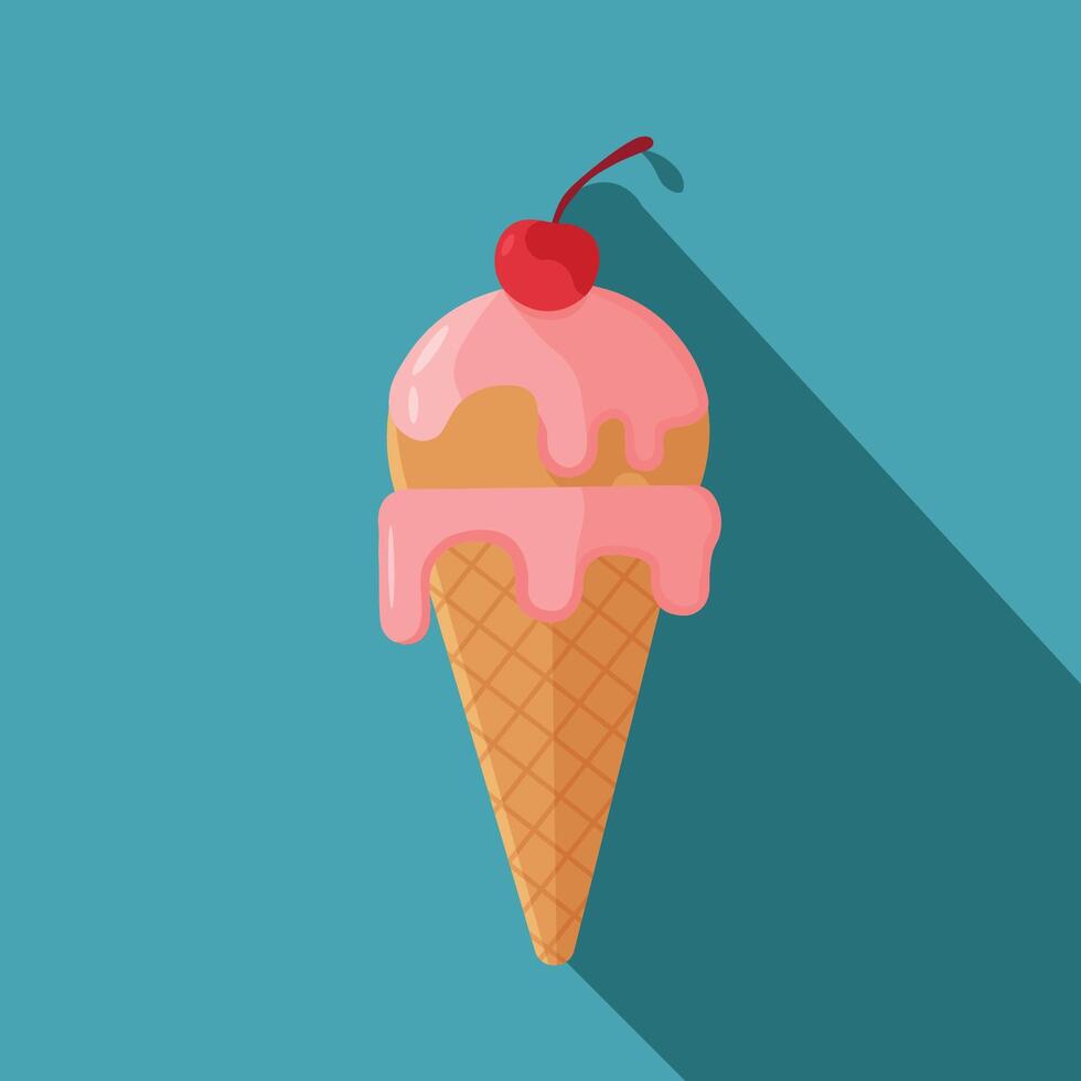 Cone ice cream with a cherry on top. Cream is melting, Ice cream gelato flat minimalist illustration vector