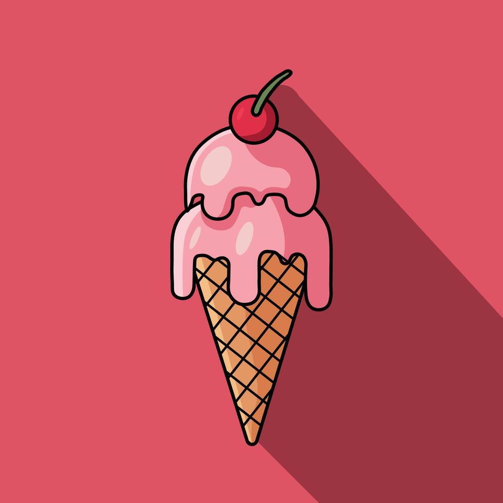 Cone ice cream with a cherry on top. Cream is melting, Ice cream gelato flat minimalist illustration vector