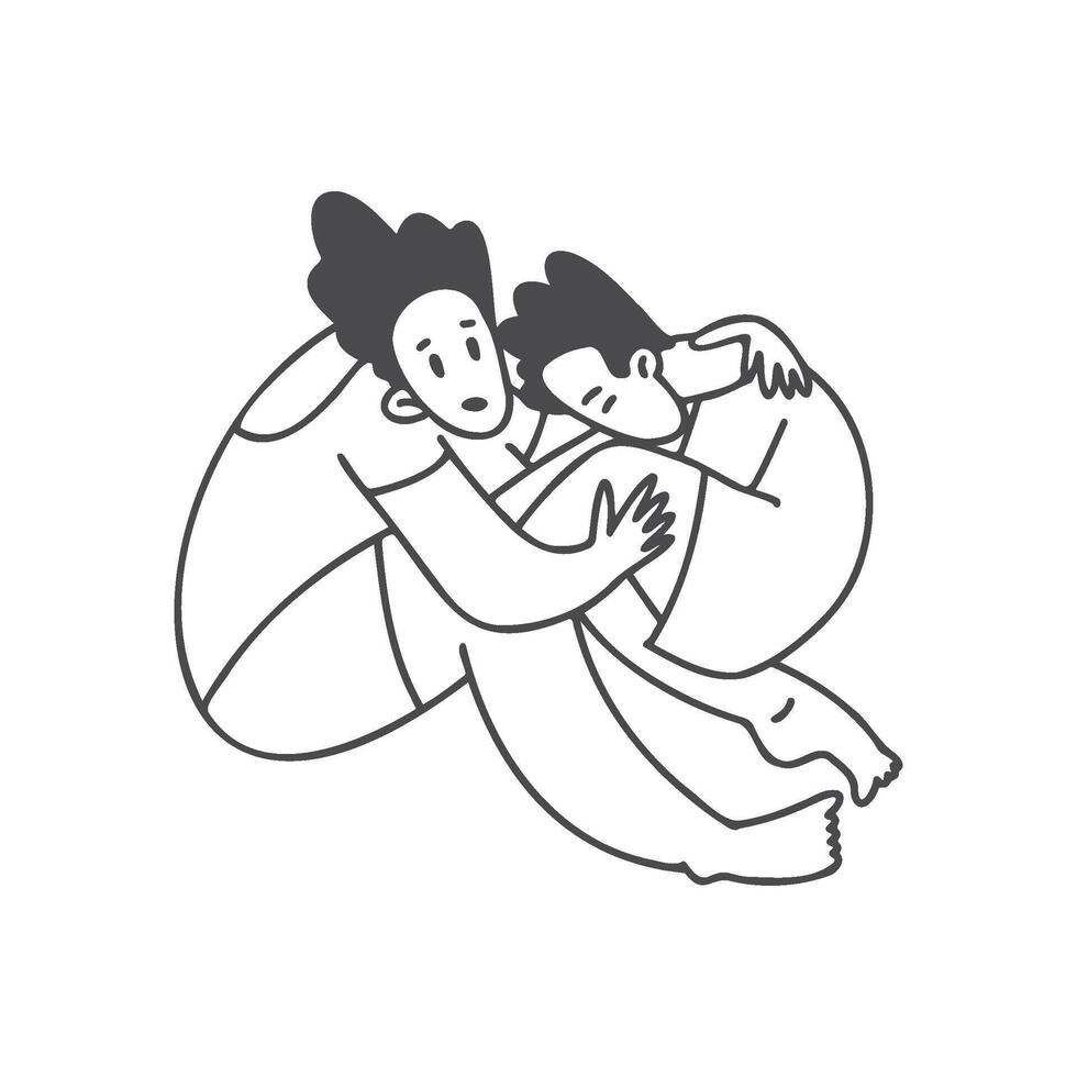 Mother comforting a child line drawing illustration. vector