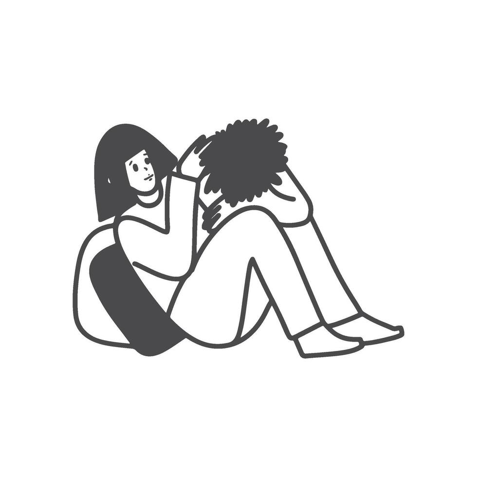 Woman comforting a man doodle isolated on white background. vector