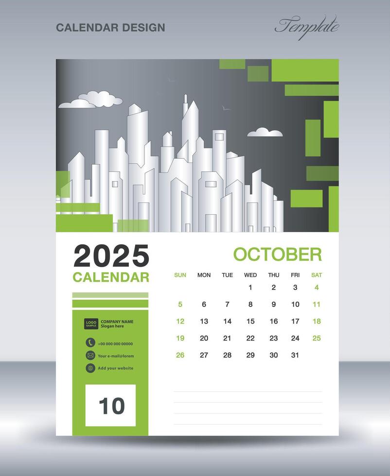 Calendar 2025 design template- October 2025 year layout, vertical calendar design, Desk calendar template, Wall calendar 2025 template, Planner, week starts on sunday, green background vector