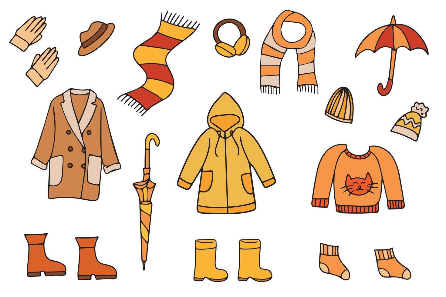 Hand drawn autumn clothes. Casual wear, outerwear, rainy season accessories, shoes, raincoat and gloves, warm sweater, hats, umbrellas in doodle style. vector