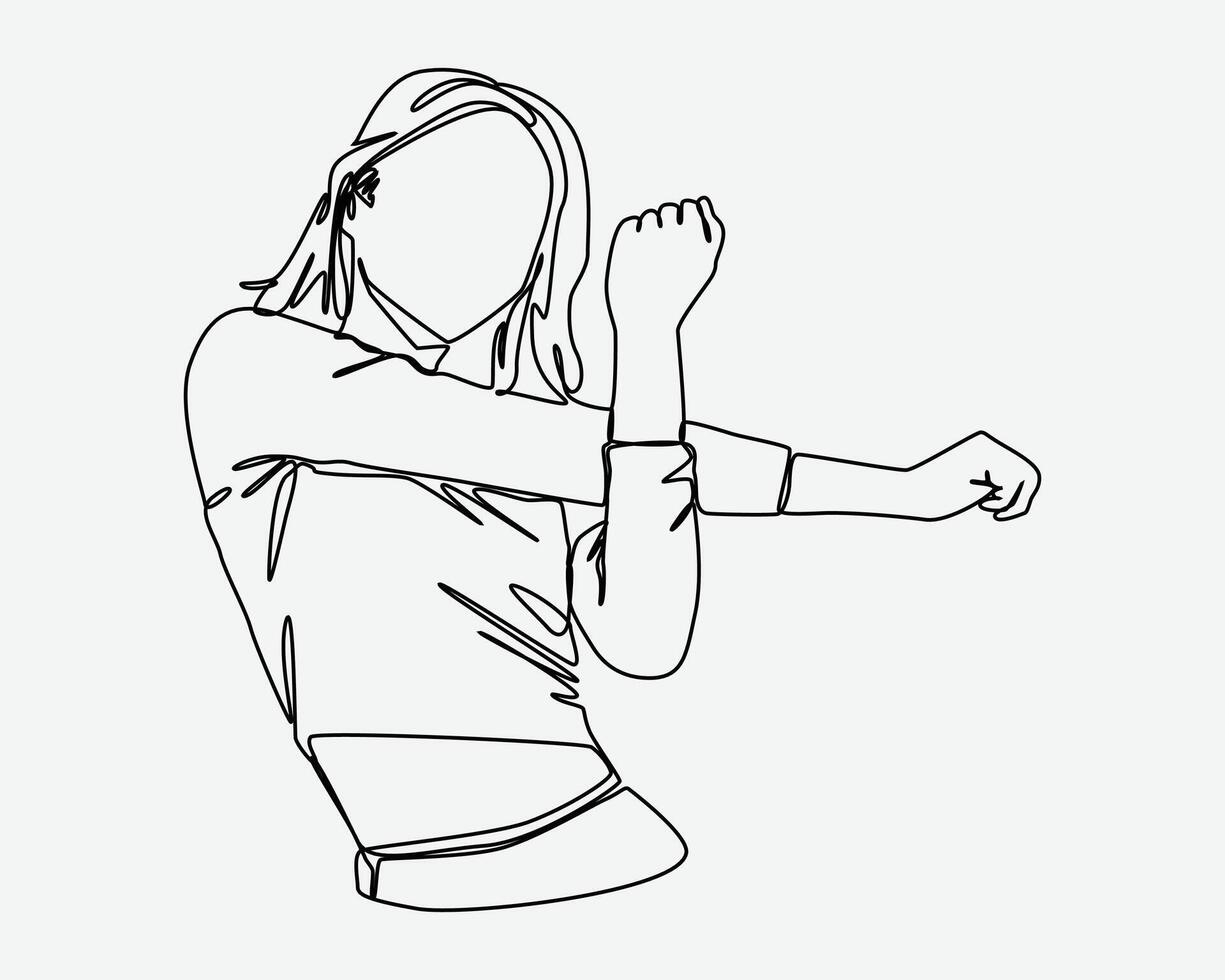 line drawing of young girl doing stretching. warmup, fitness, fit concept. isolated on white background. editable stroke. graphic illustration. vector