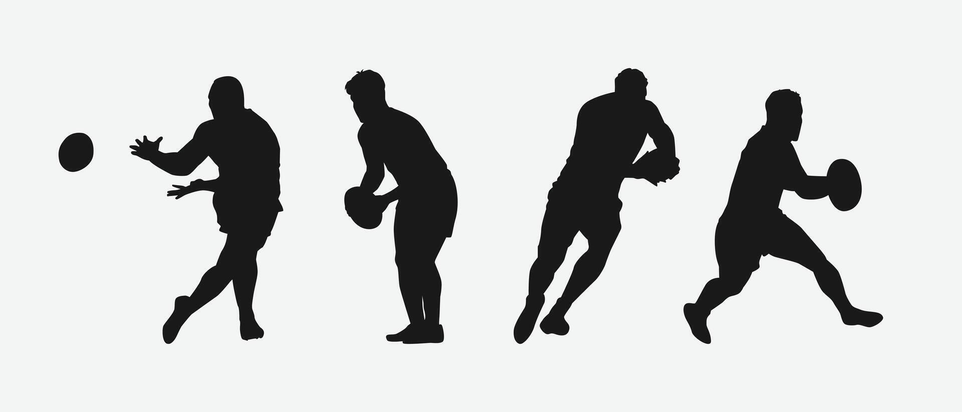set of silhouettes of male rugby athlete with different pose, gesture. isolated on white background. graphic illustration. vector
