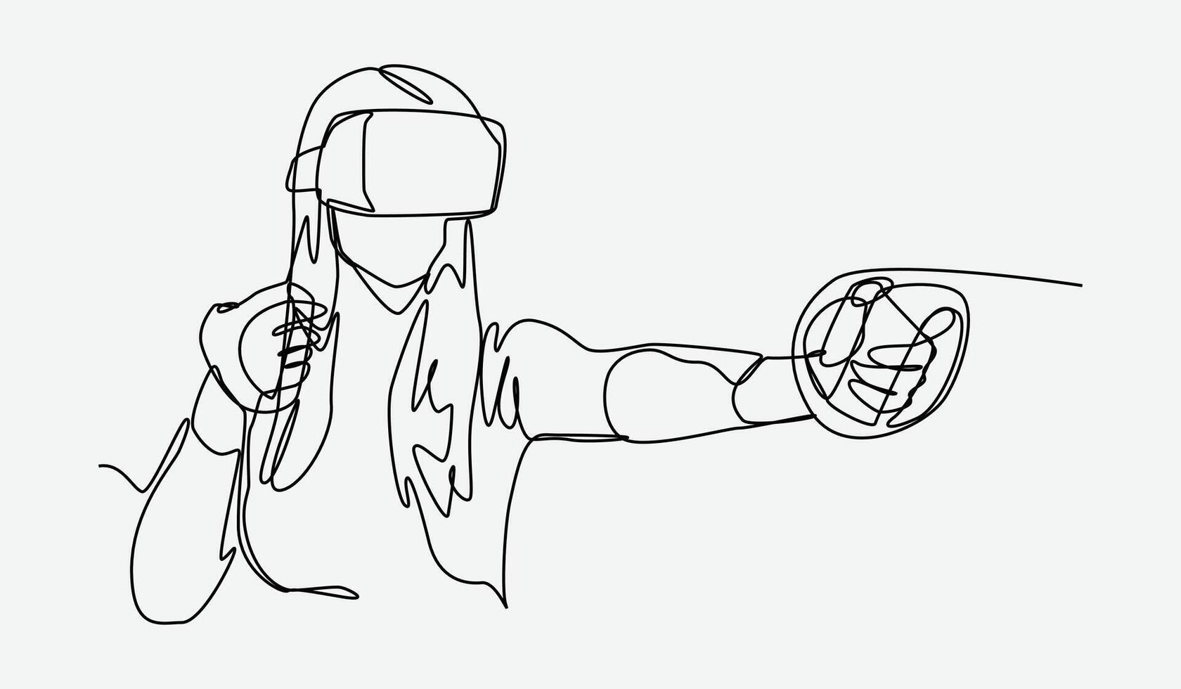 Continuous one line drawing of girl using virtual reality headset and playing game. Editable line. Graphic illustration. vector