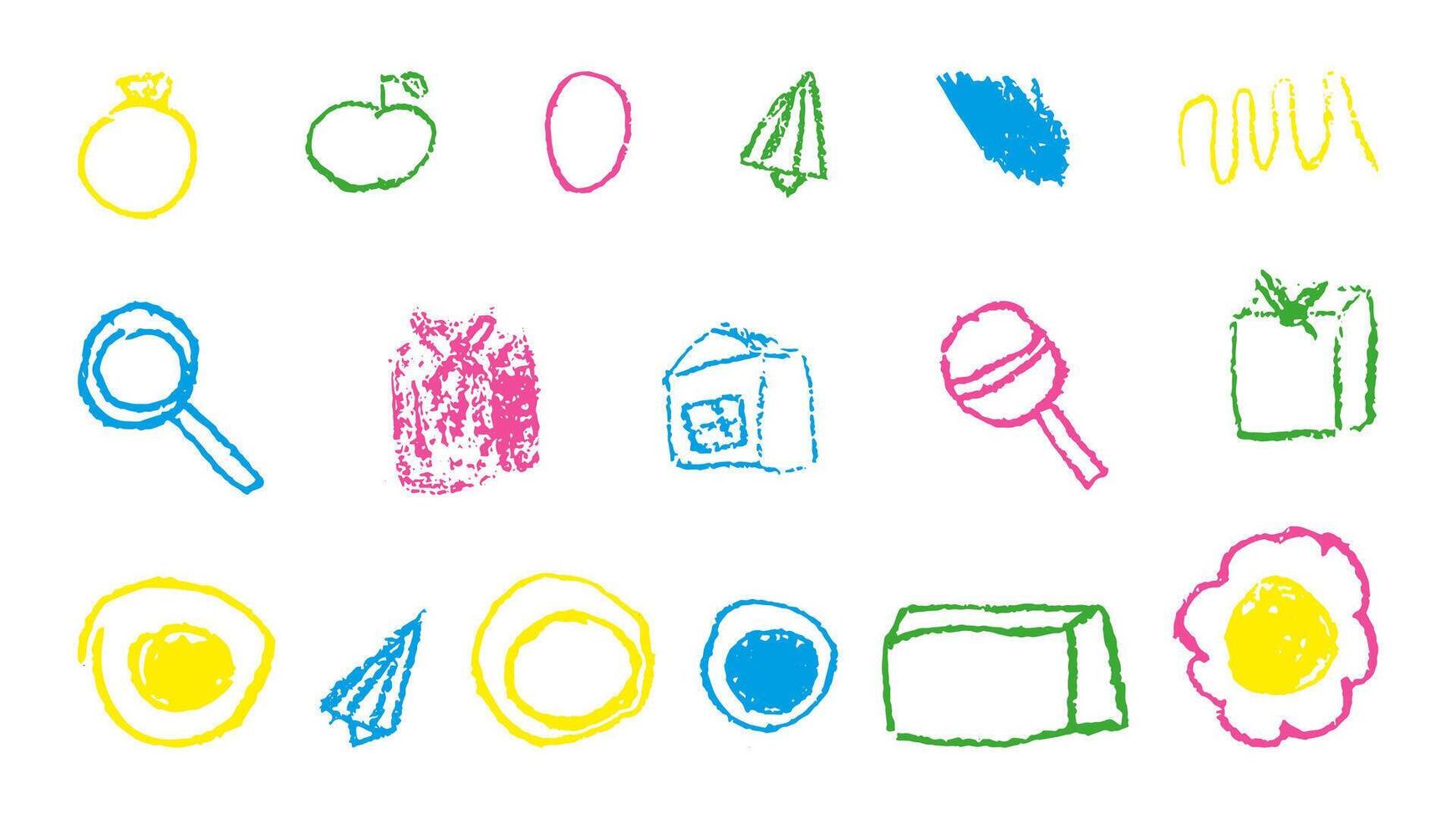 Doodles with the texture of wax chalk. Set elements imitating child drawing. Scrambled eggs gift airplane ring candy. Doodles abstract shapes. illustration. vector